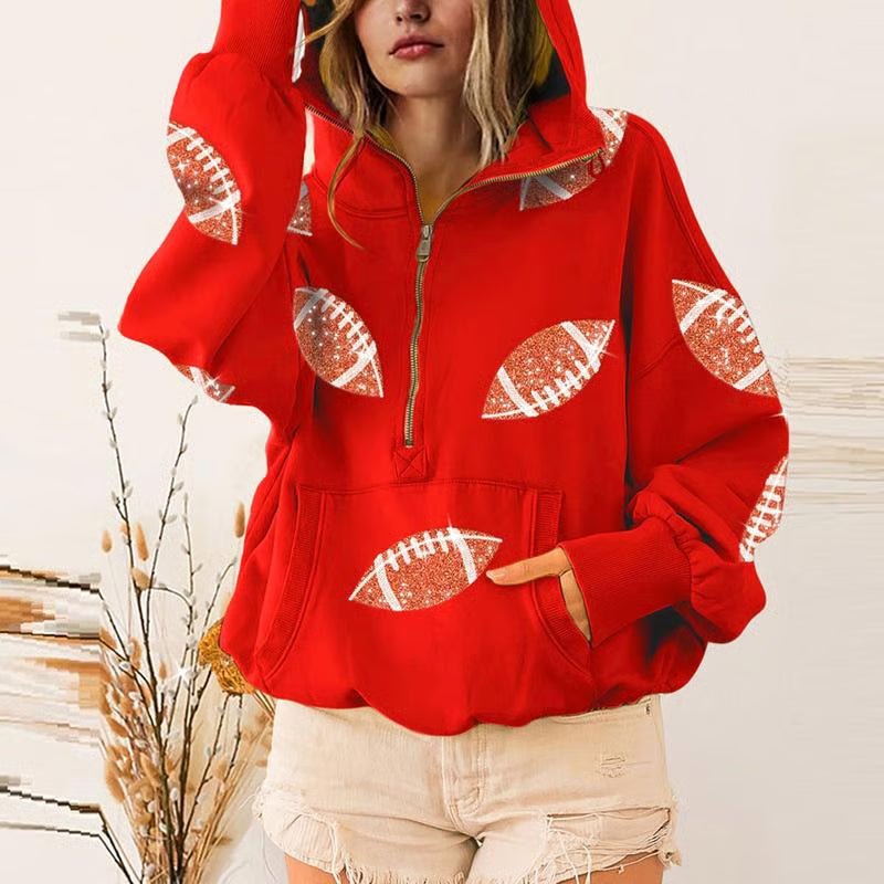 🔥'Glam Kickoff' Football Game Day Long Sleeve Half-Zip Hoodie
