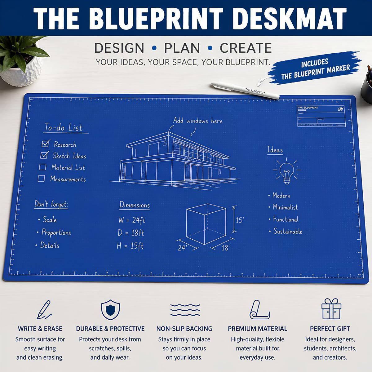 The Blueprint Deskmat — Double-Sided Dry-Erase Desk Mat with Marker
